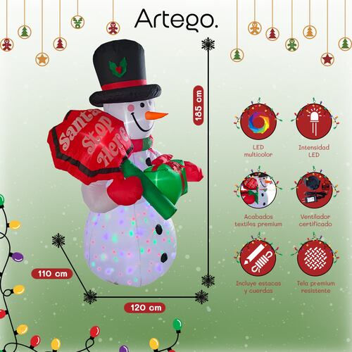 Inflable de Navidad Navideño Mono de nieve y letrero santa stop here snowman multiled 1.85m.