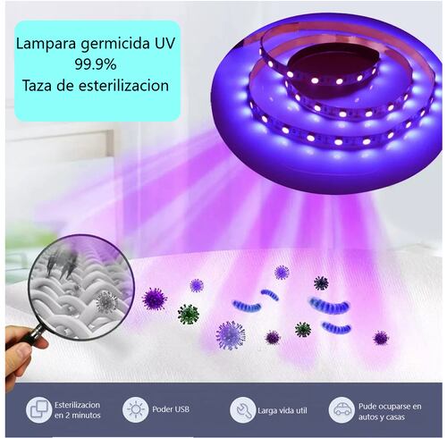 Tira esterilizadora luz ultravioleta desinfectante USB LED UV UVC Mata ácaros elimina olores autos.