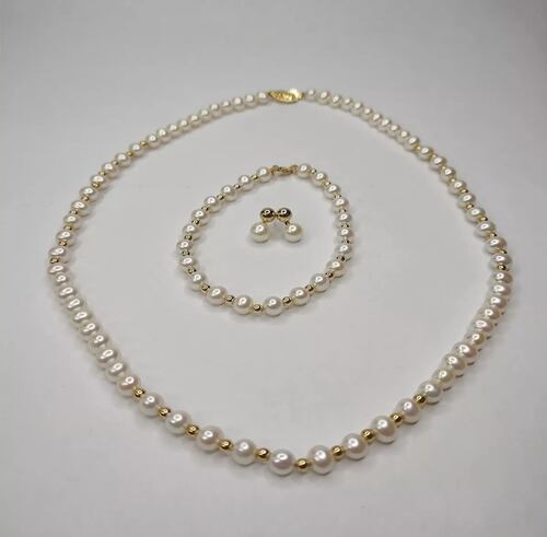Juego De Collar, Pulsera Y Aretes Perlas Oro 14K + Regalo