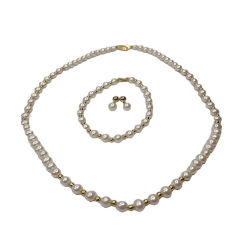 Juego De Collar, Pulsera Y Aretes Perlas Oro 14K + Regalo