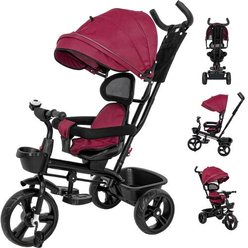 Triciclo Bicicleta Carriola Paseo Bebes 2-6 Años Asiento 360 grados Color Vino