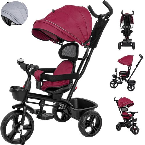 Triciclo Bicicleta Carriola Paseo Bebes 2-6 Años Asiento 360 grados Color Vino