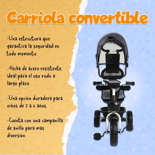 Triciclo Bicicleta Carriola Paseo Bebes 2-6 Años Asiento 360 grados Color Gris