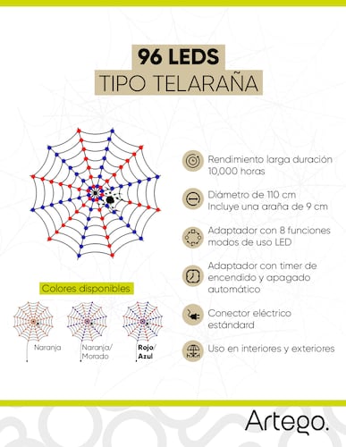 Luces serie para Halloween spider web telaraña 110cm diámetro 96 luces 8 modos de uso con temporizador Artego.