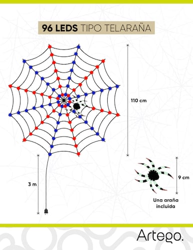 Luces serie para Halloween spider web telaraña 110cm diámetro 96 luces 8 modos de uso con temporizador Artego.