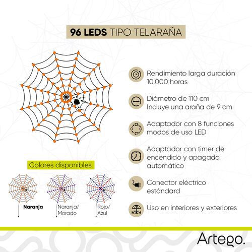 Luces serie para Halloween spider web telaraña 110cm diámetro 96 luces 8 modos de uso con temporizador Artego.