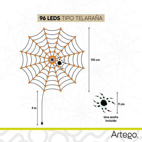 Luces serie para Halloween spider web telaraña 110cm diámetro 96 luces 8 modos de uso con temporizador Artego.