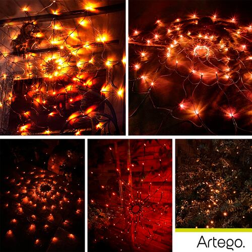 Luces serie para Halloween spider web telaraña 110cm diámetro 96 luces 8 modos de uso con temporizador Artego.
