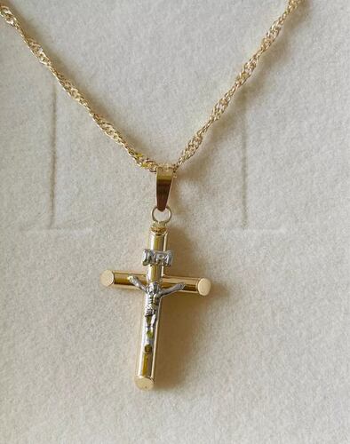 Kit Cadena Con Dije Cruz Tubo Cristo Oro 14k + Obsequio.