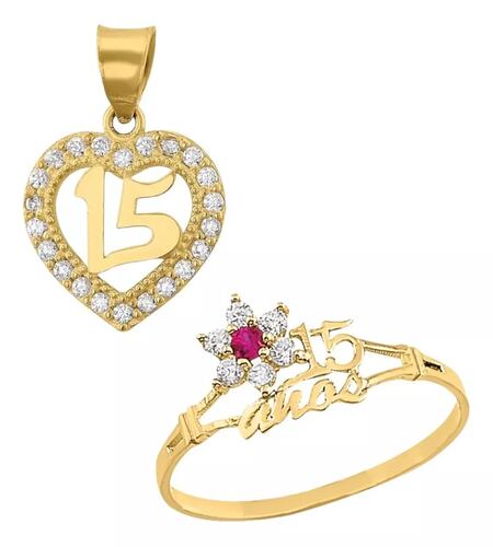 Juego Anillo Rubi Y Collar Xv Años Corazon Oro 10 K + Obsequ.