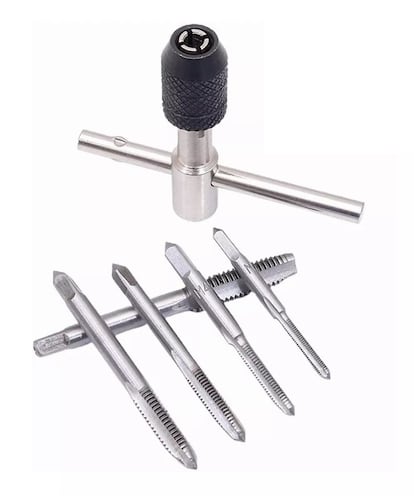 5 Machuelos Con Maneral Brocas Para Rosca Roscador M3 - M8 Plata