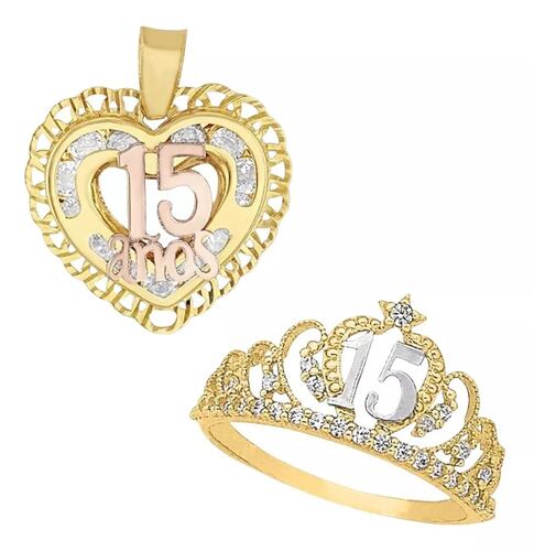 Juego Anillo Y Collar Corazon Xv Años Zirconias Oro 10 K