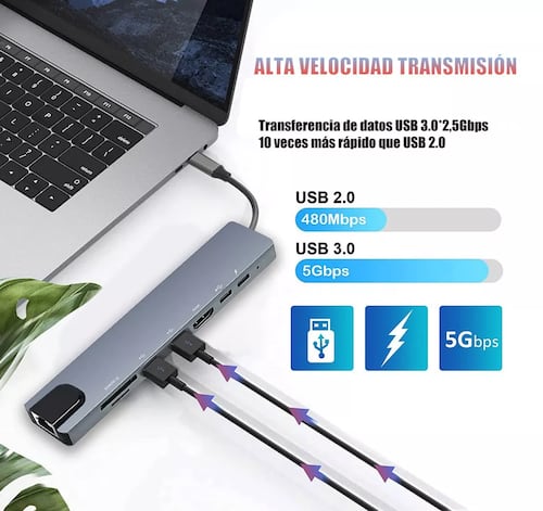 Tipo C Hub 8 En 1 Adaptador Usb C A Hdmi Con Ethernet gris