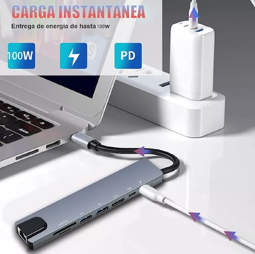 Tipo C Hub 8 En 1 Adaptador Usb C A Hdmi Con Ethernet gris