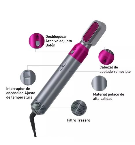 Secador De Pelo Con Peine De Aire Caliente Automático 5 en 1 Gris con Rosa