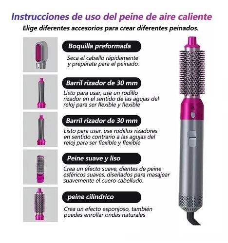 Secador De Pelo Con Peine De Aire Caliente Automático 5 en 1 Gris con Rosa
