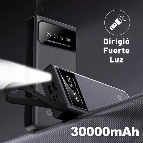 Power Bank Negro Portatil 30000mah Dual Puerto Con Linterna 
