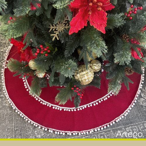 Pie de árbol navidad navideño tejido Tinto con pompones 122cm diámetro Artego.