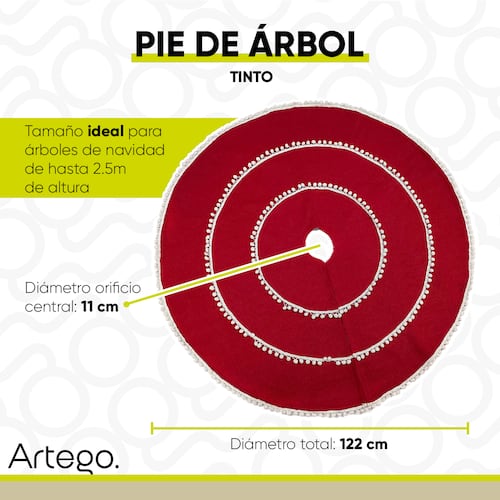 Pie de árbol navidad navideño tejido Tinto con pompones 122cm diámetro Artego.