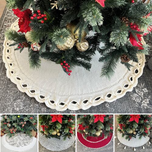Pie de árbol navidad navideño blanco tejido premium con cenefa 122cm diámetro Artego.