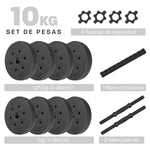 Pesa Ajustable Altera 10KG Multifuncional 4 en 1 Barra Recta + Par de Mancuernas Discos de Diferentes Pesos