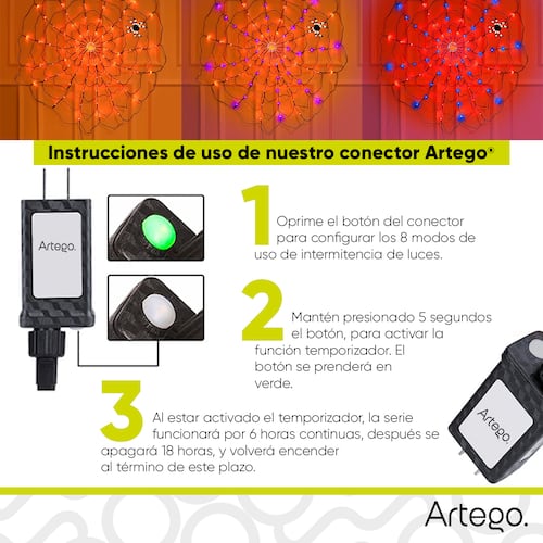 Luces serie para Halloween spider web telaraña 110cm diámetro 96 luces 8 modos de uso con temporizador Artego.