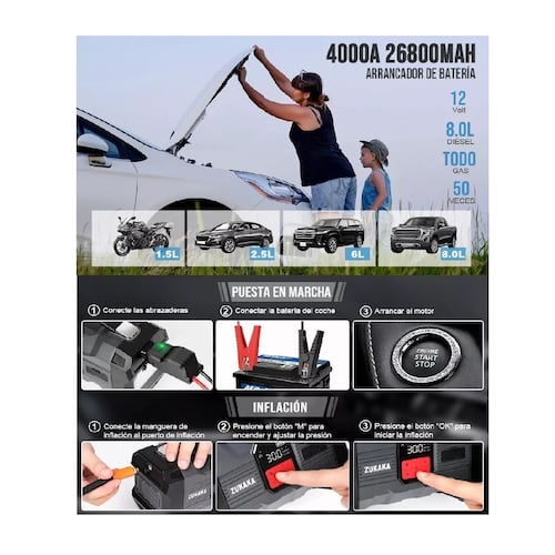 Arrancador De Batería De Auto Portátil 4000a Inflador Rápido