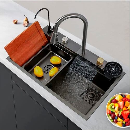 Tarja de cocina de acero inoxidable con cascada y grifo de extraible. Incluye Kit de desagüe y múltiples accesorios 68x45 cm