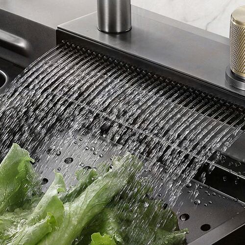Tarja de cocina de acero inoxidable con cascada y grifo de extraible. Incluye Kit de desagüe y múltiples accesorios 68x45 cm