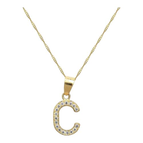 Juego Collar Letra C + Aretes Zirconias Oro 10 K. + Regalo