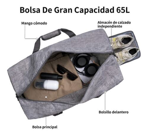 Maleta Deportivo Viaje Plegable Portátil Retráctil 65 Litros Gris 