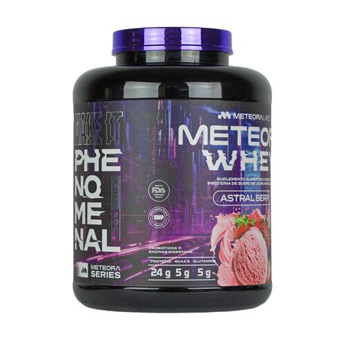METEORA LABS | 100% Whey protein | Proteína hidrolizada de suero de leche con 24 gr | Baja en carbohidratos | Sin azúcares añadidos | BCAA | Con probióticos y enzimas digestivas | Proteína whey sabor Fresa | 65 Servicios | 2.27 kg