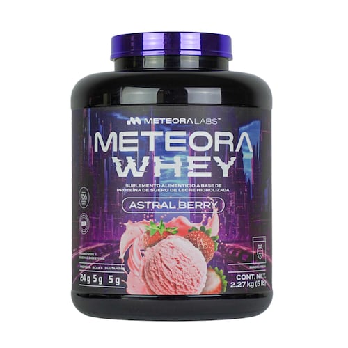 METEORA LABS | 100% Whey protein | Proteína hidrolizada de suero de leche con 24 gr | Baja en carbohidratos | Sin azúcares añadidos | BCAA | Con probióticos y enzimas digestivas | Proteína whey sabor Fresa | 65 Servicios | 2.27 kg
