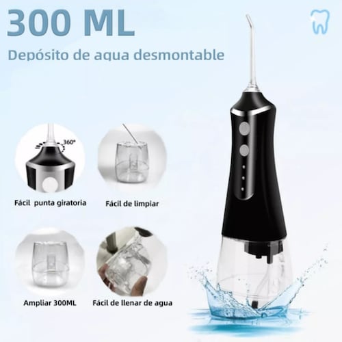 Irrigador Bucal Limpiador Dientes Recargable 5 Puntas Chorro negro con Blanco