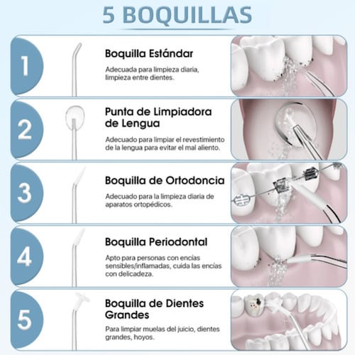 Irrigador Bucal Limpiador Dientes Recargable 5 Puntas Chorro negro con Blanco