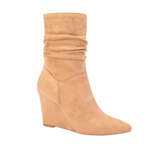 Botas de vestir Schatz color camel con arruga en tubo y tacón alto de cuña, mod. 1090111