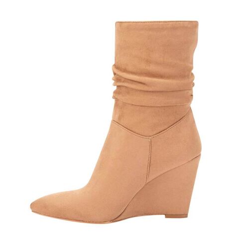 Botas de vestir Schatz color camel con arruga en tubo y tacón alto de cuña, mod. 1090111