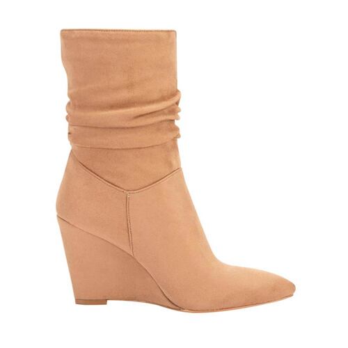 Botas de vestir Schatz color camel con arruga en tubo y tacón alto de cuña, mod. 1090111
