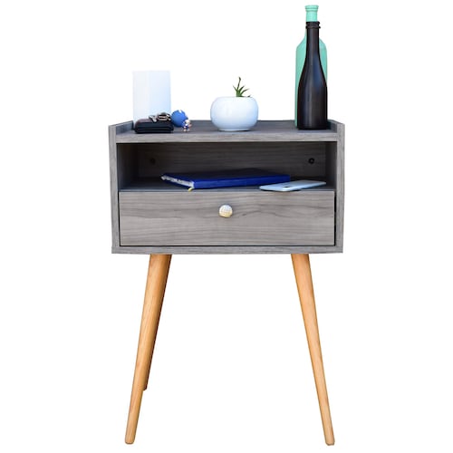 Buro Viena Hogare o mesa de noche, Minimalista, Fácil armado, Fabricado en melamina texturizada, Herrajes de acero, Práctico diseño, Resistente, Para tu recámara o sala, Color Gris.