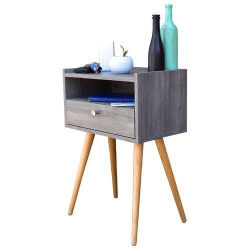Buro Viena Hogare o mesa de noche, Minimalista, Fácil armado, Fabricado en melamina texturizada, Herrajes de acero, Práctico diseño, Resistente, Para tu recámara o sala, Color Gris.