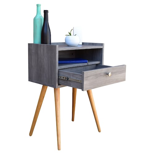 Buro Viena Hogare o mesa de noche, Minimalista, Fácil armado, Fabricado en melamina texturizada, Herrajes de acero, Práctico diseño, Resistente, Para tu recámara o sala, Color Gris.