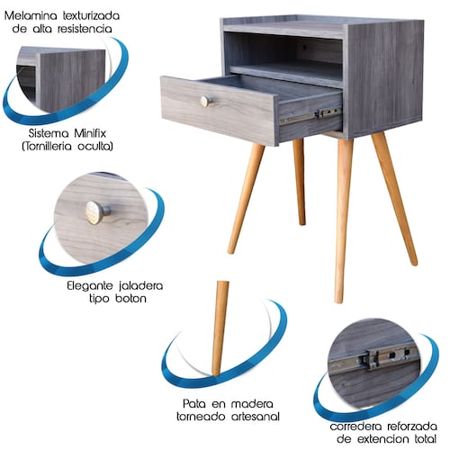 Buro Viena Hogare o mesa de noche, Minimalista, Fácil armado, Fabricado en melamina texturizada, Herrajes de acero, Práctico diseño, Resistente, Para tu recámara o sala, Color Gris.