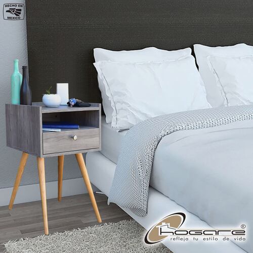 Buro Viena Hogare o mesa de noche, Minimalista, Fácil armado, Fabricado en melamina texturizada, Herrajes de acero, Práctico diseño, Resistente, Para tu recámara o sala, Color Gris.