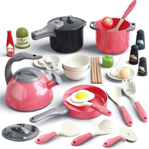 Juguete Utensilios De Cocina Con Ollas Y Sartenes 32pzs Rosa