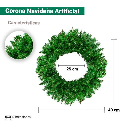 Corona Navideña Verde Claro Adorno Artificial 40 Cm Diámetro