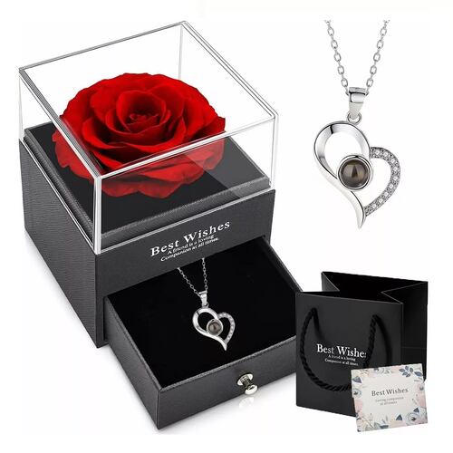 Rosa Eterna Real Preservada + Collar Te Amo En 100 Idiomas Estuche Negro