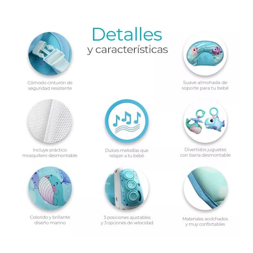 Silla Mecedora Para Bebes Columpio Control Remoto Mosquitero Azul