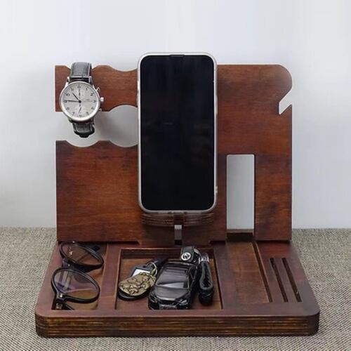 Organizador Buro Escritorio Celular Reloj Para Hombre Morron Oscuro