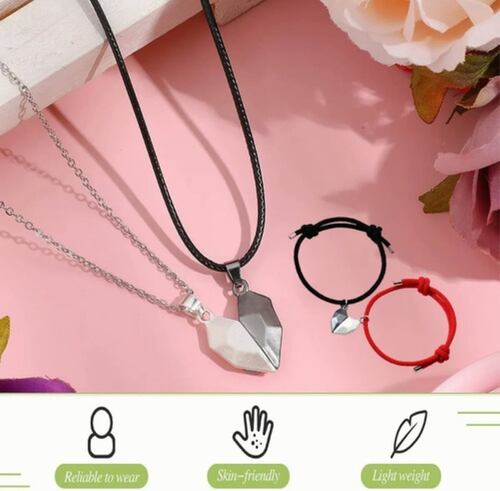 Corazón Magnético Amor, 2 Pulseras Pareja De Imán+2 Collar 45 cm  Negro/Rojo