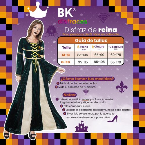 Disfraz de Halloween Princesa Reina Queen Premium de tela Adulto 12+ / 2 tallas disponibles.